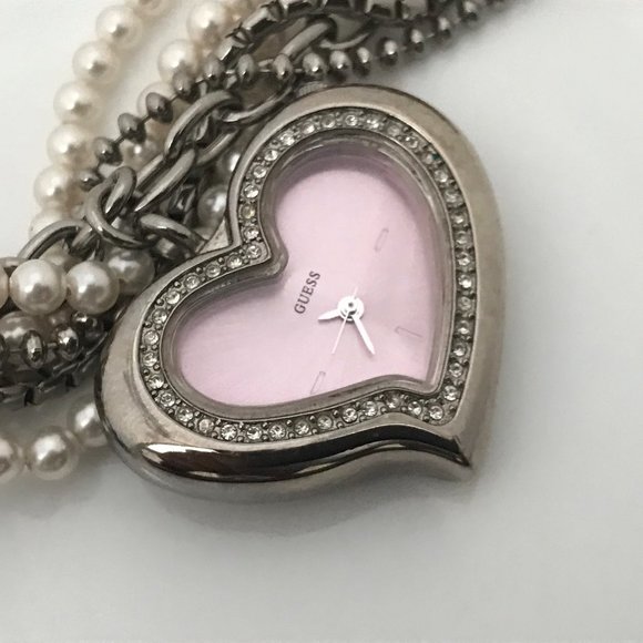 Guess Ladies Watch Heart Shape Pink Face Beads Cha - Picture 5 of 12